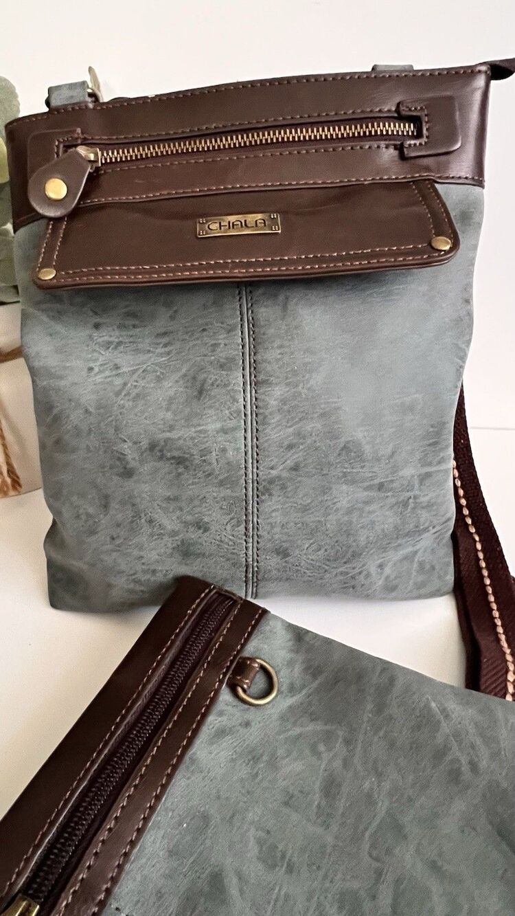 Chala handbags Crossbody Bag with Removable Pouch - Gray / Brown